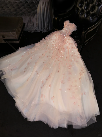 Romantic A Line Sweetheart Neck Floral Beaded Pink Tulle Prom Dress Evening Dress HZ1023